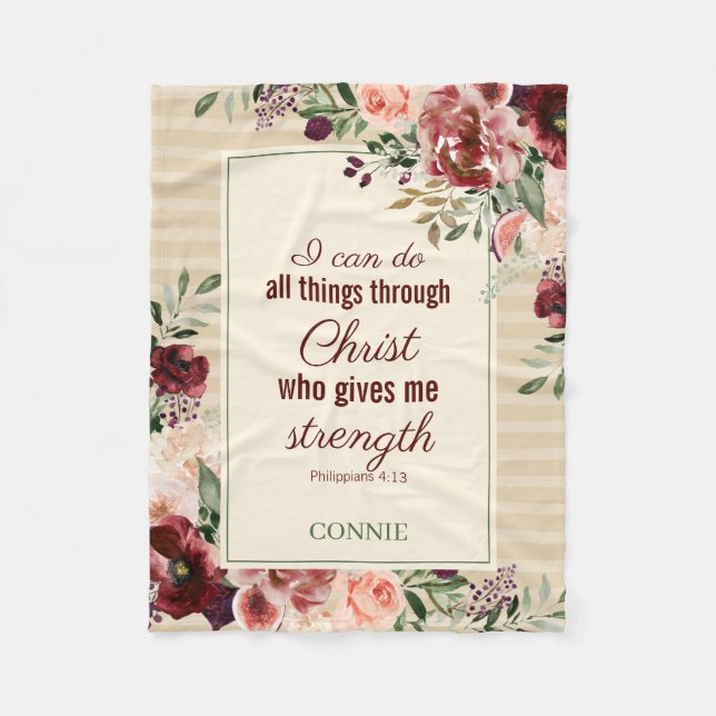 Christian Scripture Burgundy Floral Personalised Fleece Blanket (Front)