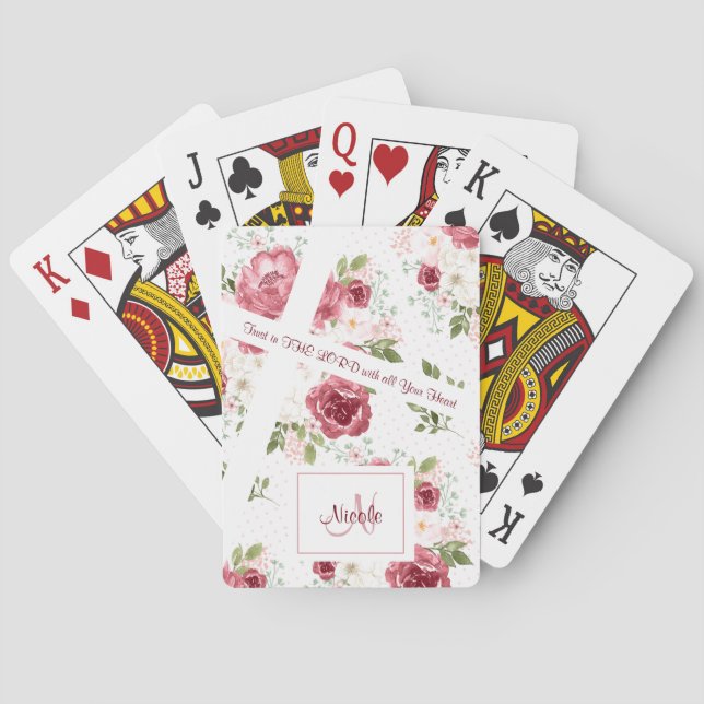 Christian Scripture Rose Floral Name and Monogram  Playing Cards (Back)