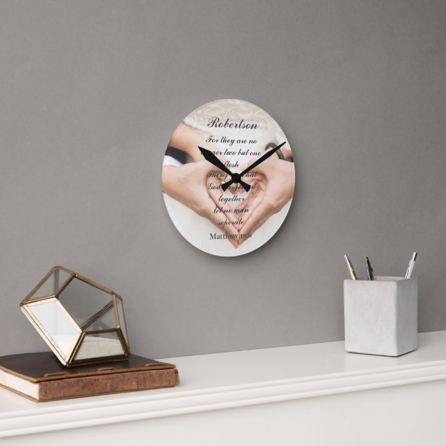 Christian Scripture Wedding Photo  Round Clock (Office)