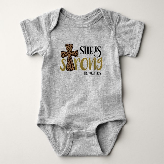 Christian She Is Strong Bible Verse Proverbs 31:25 Baby Bodysuit (Front)