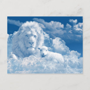 Christian Spiritual Lion Lamb Clouds Religious Postcard