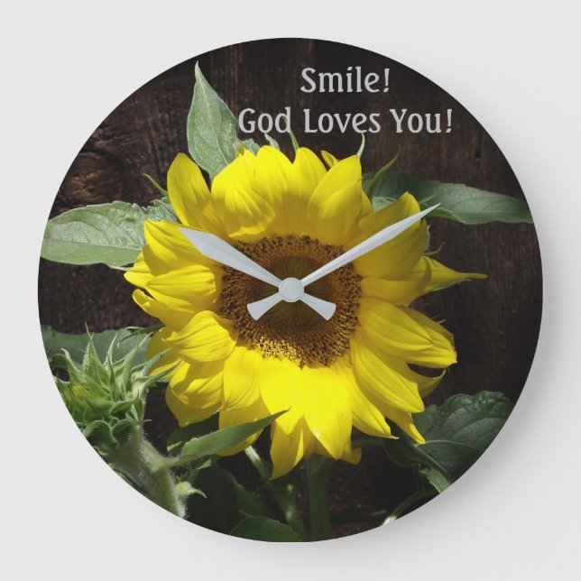 Christian Sunflower Smile! God Loves You! Large Clock (Front)