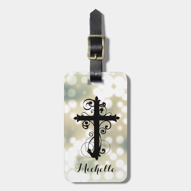 Christian Swirling Cross Personalised Luggage Tag (Front Vertical)
