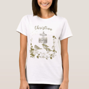 Christian T-Shirt Floral Cross w Birds & Flowers