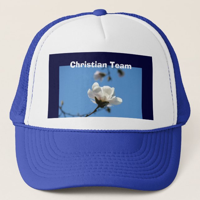 Christian Team! Baseball Cap Hat Blue Sky Flowers (Front)