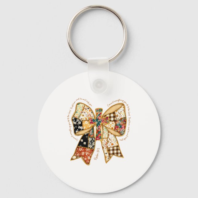 Christian Verse Bible Jesus Coquette Bow Patchwork Key Ring (Front)