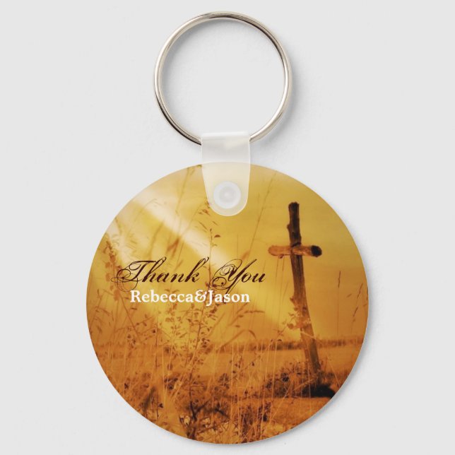 Christian vintage country cross wedding favour key ring (Front)
