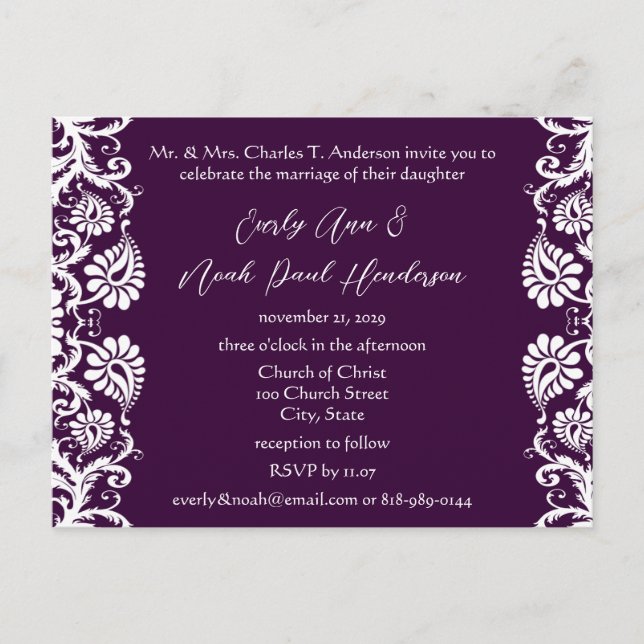 Christian Vintage Damask Wedding Invitation Purple (Front)
