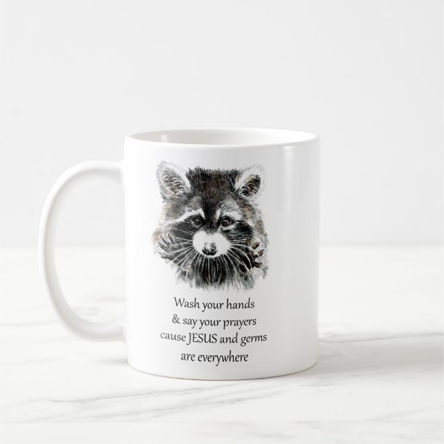 Christian Washroom Wash your Hands Racoon Animal Coffee Mug (Left)