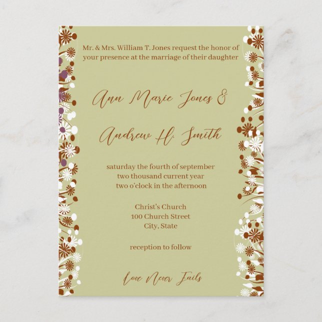 Christian Wedding Earthy Hues Love Never Fails Invitation Postcard (Front)