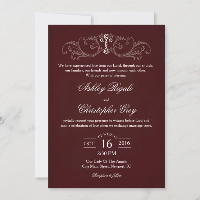 Christian Wedding Invitation - Burgundy & Grey (Front)