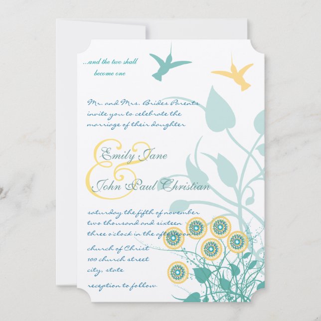 Christian Wedding Invitation Humming Birds Flowers (Front)