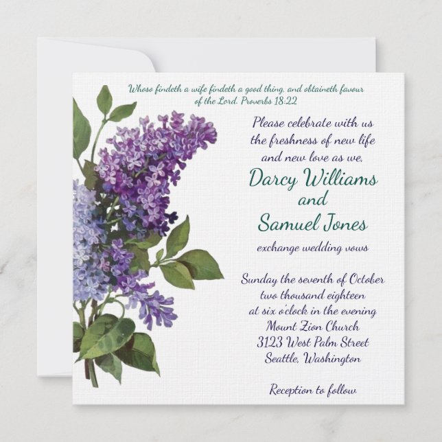 Christian Wedding Invitation - Vintage Lilacs (Front)