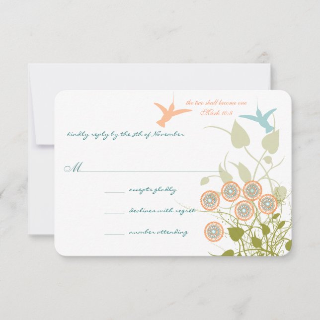 Christian Wedding Lovebird Hummingbird Floral RSVP Card (Front)