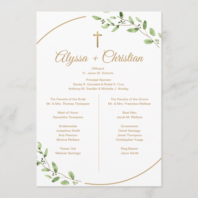 Christian Wedding Party Greenery Gold Cross  Program (Front)