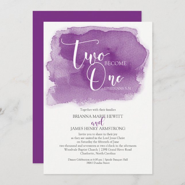 Christian Wedding Watercolor Purple Invitation (Front/Back)