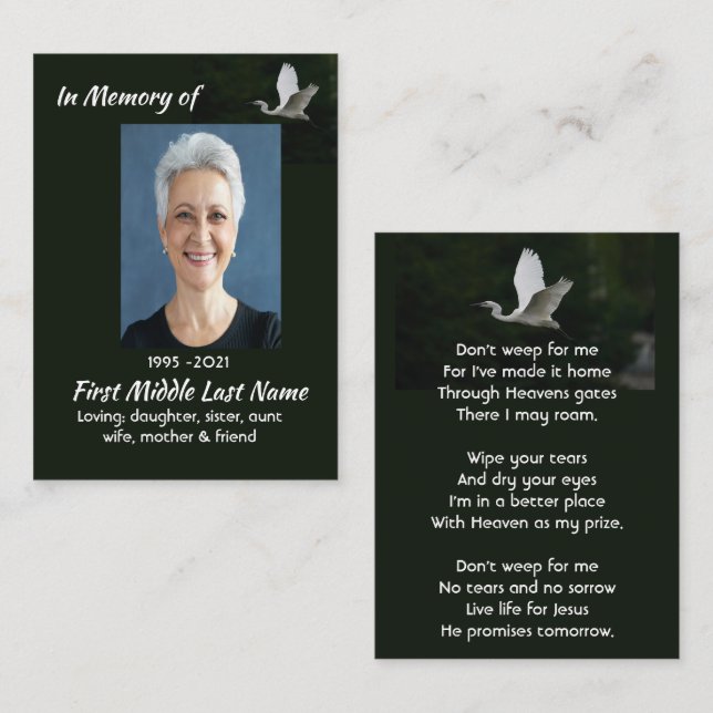 Christian White Egret Bird Memorial Keepsake  Business Card (Front/Back)