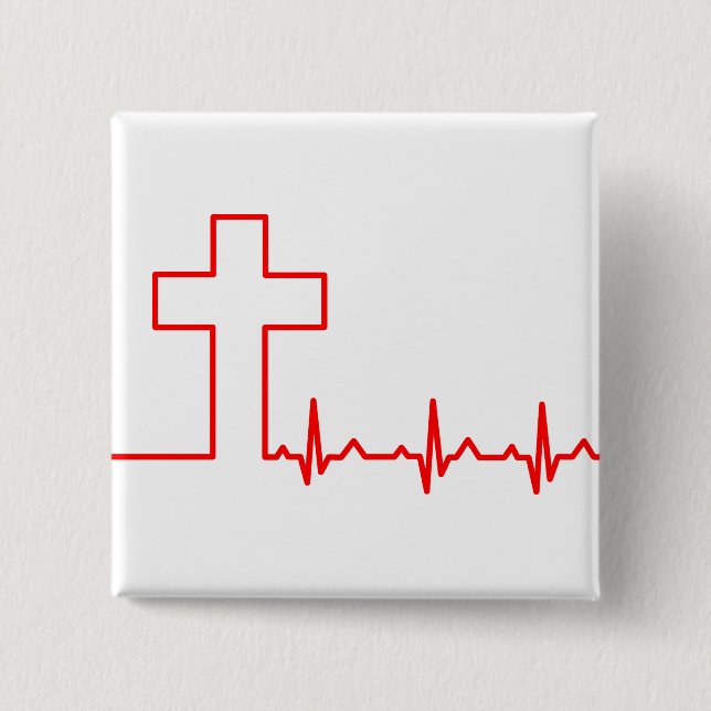 Christians Cross Heartbeat Life EKG ECG 15 Cm Square Badge (Front)