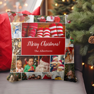 Christmas 15 Photo Collage with Family Name Red Cushion