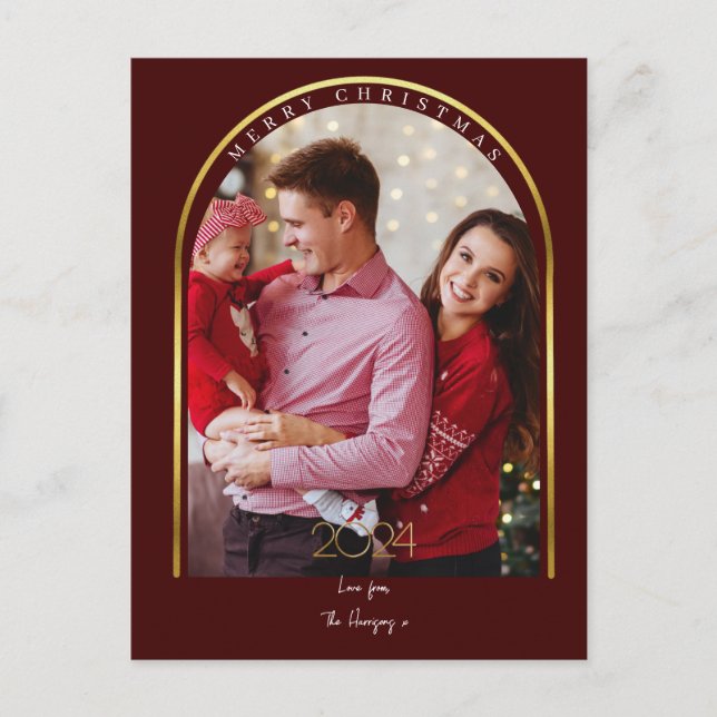 Christmas 1 photo arch faux gold foil 2024 holiday postcard (Front)