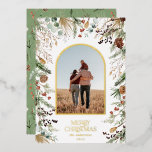 Christmas 1 photo arch watercolor botanical floral foil holiday card<br><div class="desc">modern white floral on trend elegant Christmas watercolor dried botanical muted colours holiday arch 1 photo Christmas card design.</div>