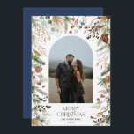 Christmas 1 photo arch watercolor botanical floral holiday card<br><div class="desc">Mery Christmas modern elegant watercolor dried botanical floral muted colours holiday arch 1 photo Christmas card. Navy blue backer.</div>