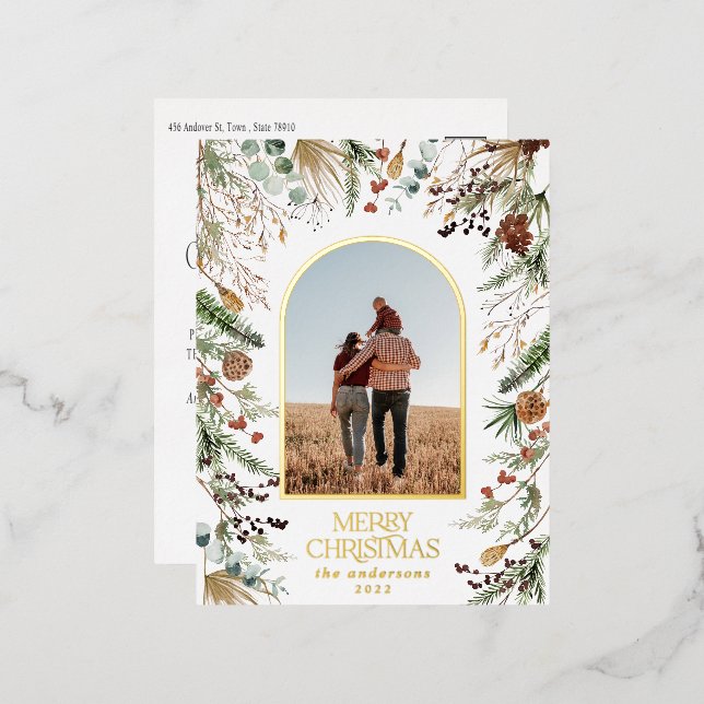 Christmas 1 photo botanical floral  foil holiday postcard (Front/Back)
