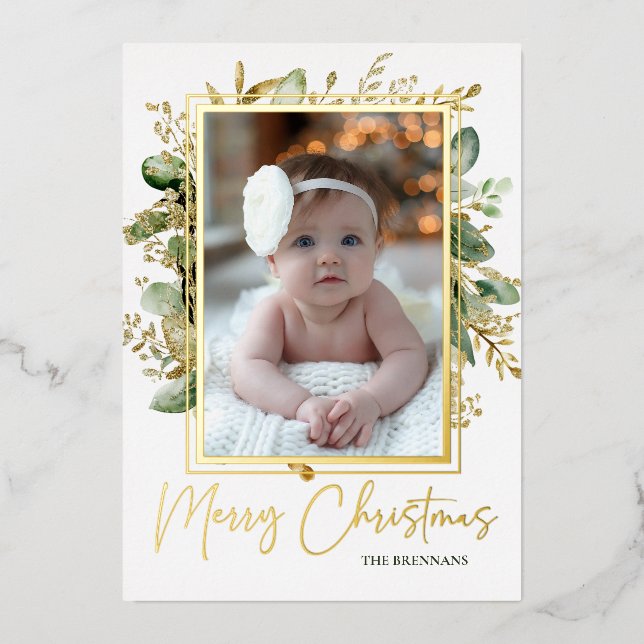 Christmas 1 Photo Festive Botanical Elegant Foil Holiday Card (Front)