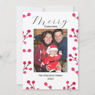 Christmas 1 Photo Hand Painted Watercolor Berries Holiday Card