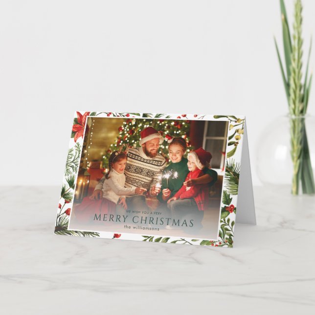 Christmas 1 Photo Watercolor Berries Floral Family Card (Front)