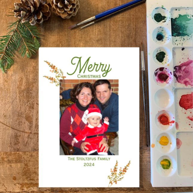 Christmas 1 Photo Watercolor Boho Wildflower Holiday Card (Persoanlize original hand painted watercolor botanical dries flowers Merry Christmas photo card )
