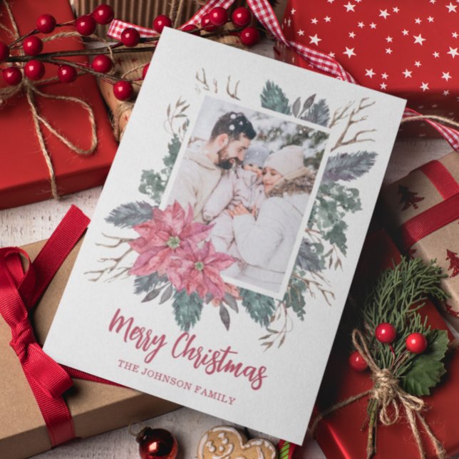 Christmas 1 photo watercolor poinsettia botanical holiday card (Creator Uploaded)