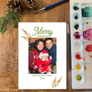 Christmas 1 Photo Watercolor Simple Dried Flowers Holiday Card