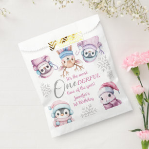 Christmas 1st Birthday Cute Pink Winter Animals Favour Bag