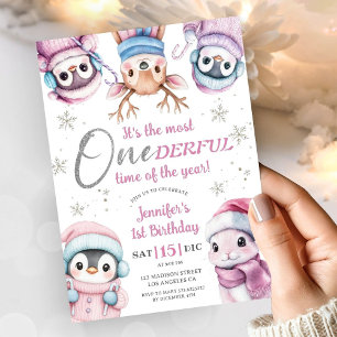 Christmas 1st Birthday Cute Pink Winter Animals Invitation