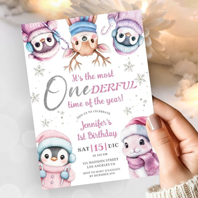 Christmas 1st Birthday Cute Pink Winter Animals Invitation (Creator Uploaded)