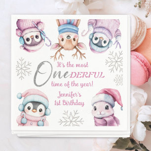 Christmas 1st Birthday Cute Pink Winter Animals Napkin