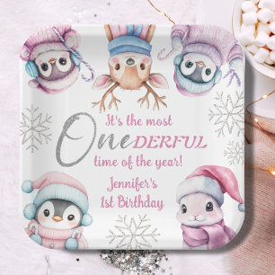Christmas 1st Birthday Cute Pink Winter Animals Paper Plate