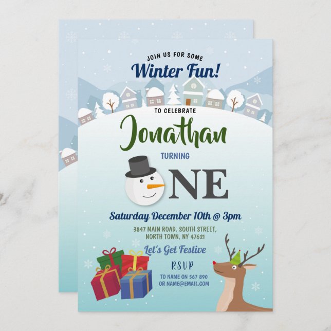 Christmas 1st Birthday Party Santa Snowman ONE Invitation (Front/Back)