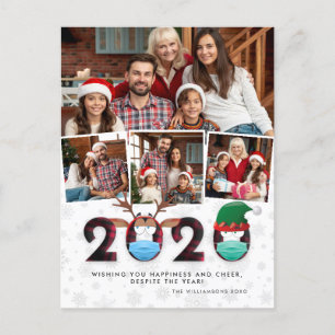 Christmas 2020   Cute Funny Masks & Plaid 4 Photo Holiday Postcard