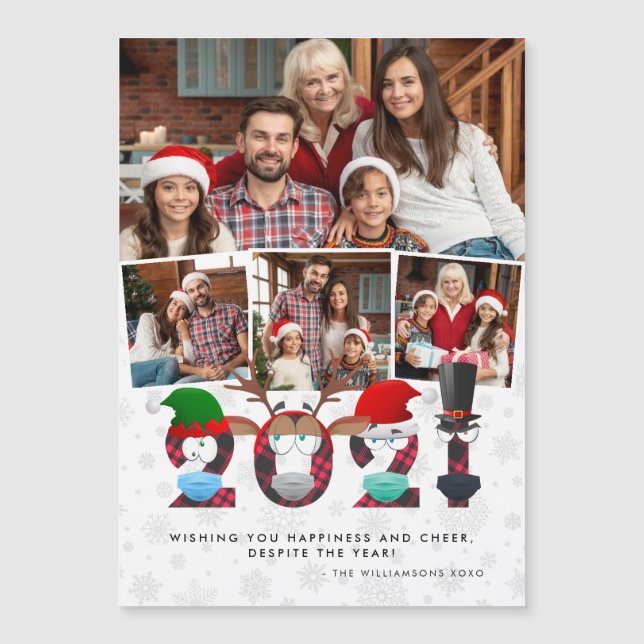 Christmas 2021 Cute Silly Face Masks & Plaid Photo (Front)