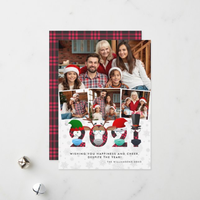 Christmas 2021 | Funny Face Masks & Plaid 4 Photos Holiday Card (Front/Back In Situ)