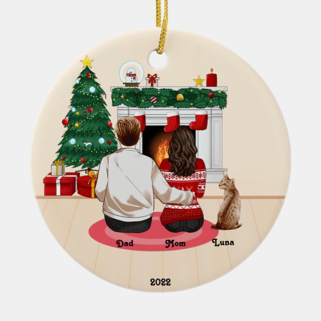 Christmas 2022 Personalise Family Mum Dad Cat Ceramic Ornament (Front)