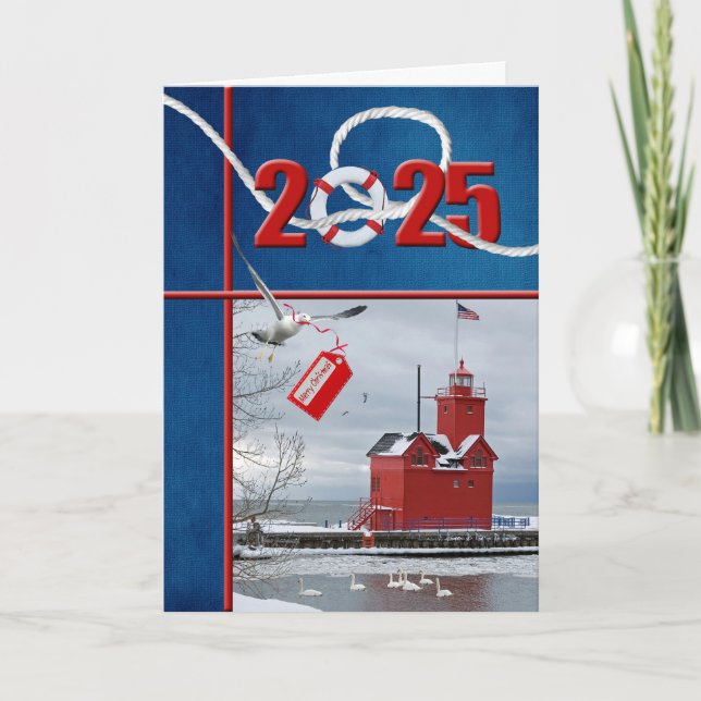 Christmas 2025 Big Red Michigan Lighthouse  Holiday Card (Front)