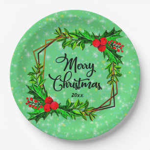 Christmas 20xx Holly Red Berries Modern Green 9"  Paper Plate