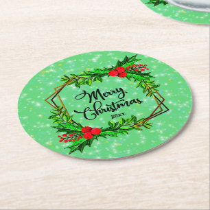 Christmas 20xx Holly Red Berries Modern Green Round Paper Coaster