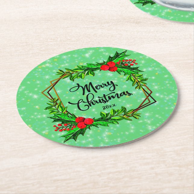 Christmas 20xx Holly Red Berries Modern Green Round Paper Coaster (Angled)