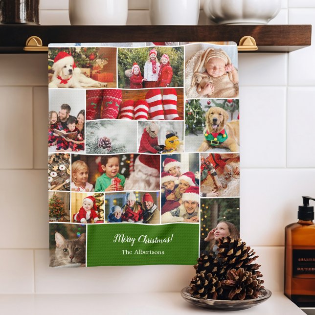 Christmas 22 Photo Collage with Family Name Green Tea Towel (Creator Uploaded)