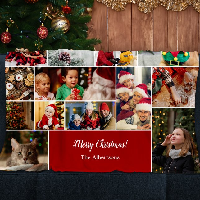 Christmas 22 Photo Collage with Family Name Red Fleece Blanket (Creator Uploaded)