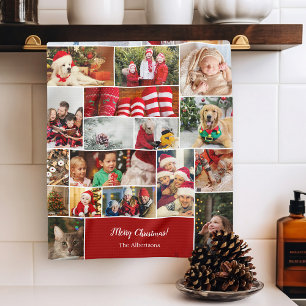 Christmas 22 Photo Collage with Family Name Red Tea Towel